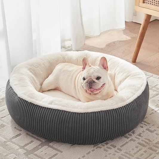 30 inches Donut Dog Bed for Medium Dogs,Calming Round Pet Bed with Removable & Washable Cover,Plush Faux Fur & Corduroy, Fits up to 30 lbs Pets(Dark Grey,Medium)
