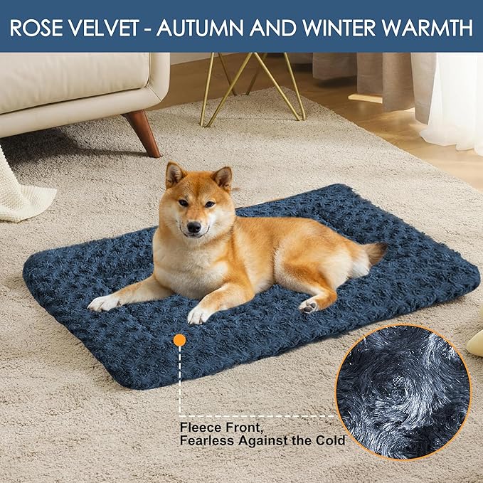 Washable Dog Bed Plush Orthopedic Outdoor Crate Mat with Non-Slip Bottom,Luxe Soft Kennel Pad for Pets, Cozy Cage Cushion & Pet Sleeping Mattress Large Sized,Medium,Small Dogs,30 x 20 inch,Blue