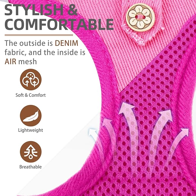 PUPTECK Dog Harness and Leash Set for Small Medium Dogs No Pull Step-in Soft Mesh Puppy Cat Vest Harnesses Reflective at Night, Denim Pink L