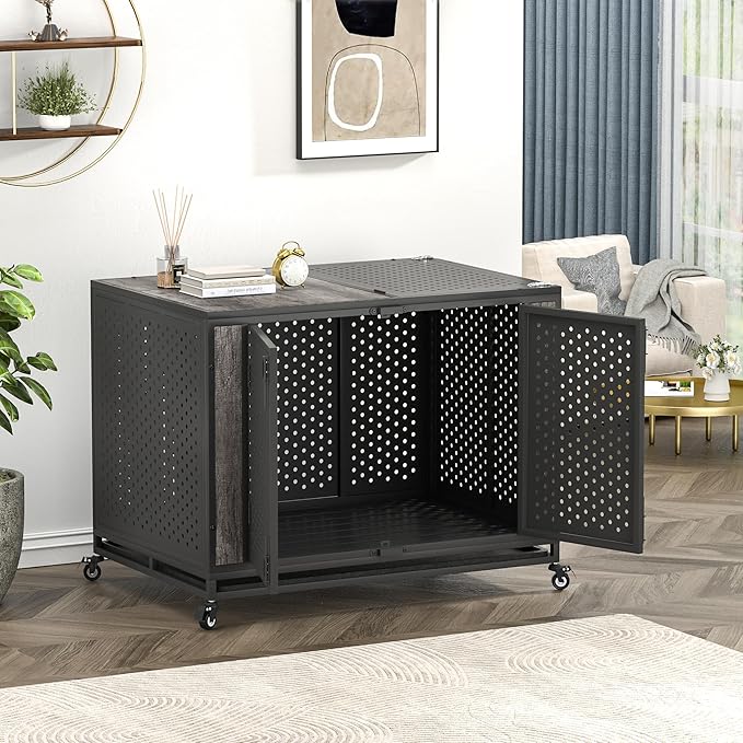 42" Heavy Duty Dog Crate Furniture for Medium and Large Dogs, Enclosed Design with 0.5 inch Holes, Indestructible Metal Kennel for High Anxiety Dogs, Chew Proof Indoor Pet House Cage, Gray