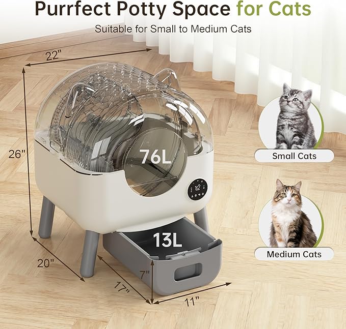 Greesum 76L Large Capacity Fully Enclosed Automatic Litter Box, Cat Ear Design with Garbage Bags Aroma Box and Brush for Multi - Cat Families (Gray)