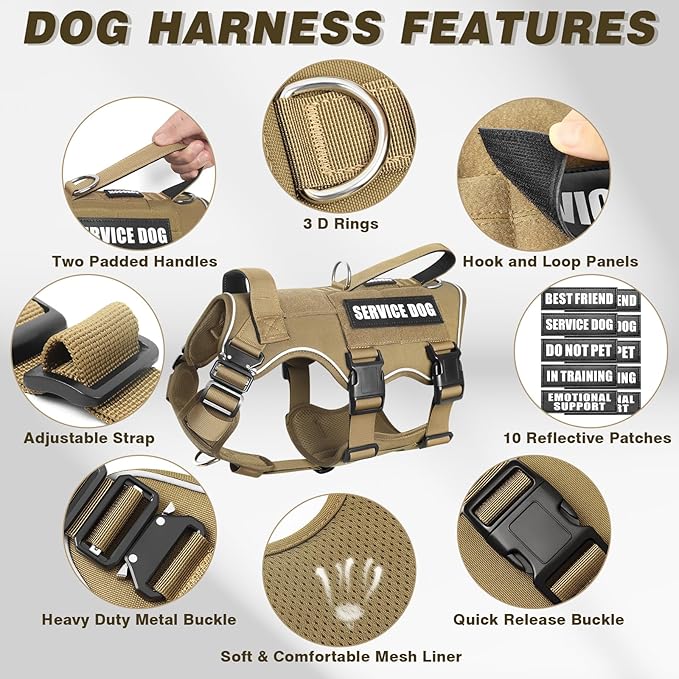 Tactical Service Dog Vest Harness and Leash Set,Heavy Duty Dog Harness with Metal Buckles for Large Dogs,Adjustable No Pull Pet Vest with 10 Patches,for Training Working,Brown L