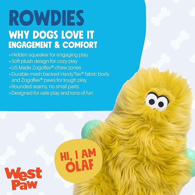 WEST PAW Rowdies Helga Durable Plush Dog Toy with Reinforced Seams Chew Resistant HardyTex Fabric and Interactive Squeaker for Safe Indoor and Outdoor Playtime Bundle for Dogs - Citrus