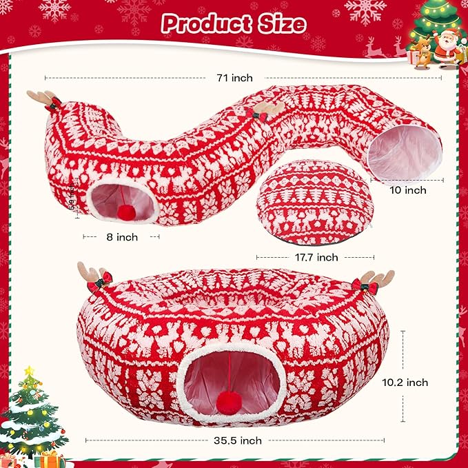Cat Tunnel Christmas Tree Skirt, Cute Cat-Proof Tunnel Bed Under Christmas Tree with Washable Cushion, Soft Pet Donut Cave Decorative Tube Bed, Pet Toy Gifts Xmas Tree Protector from Cats