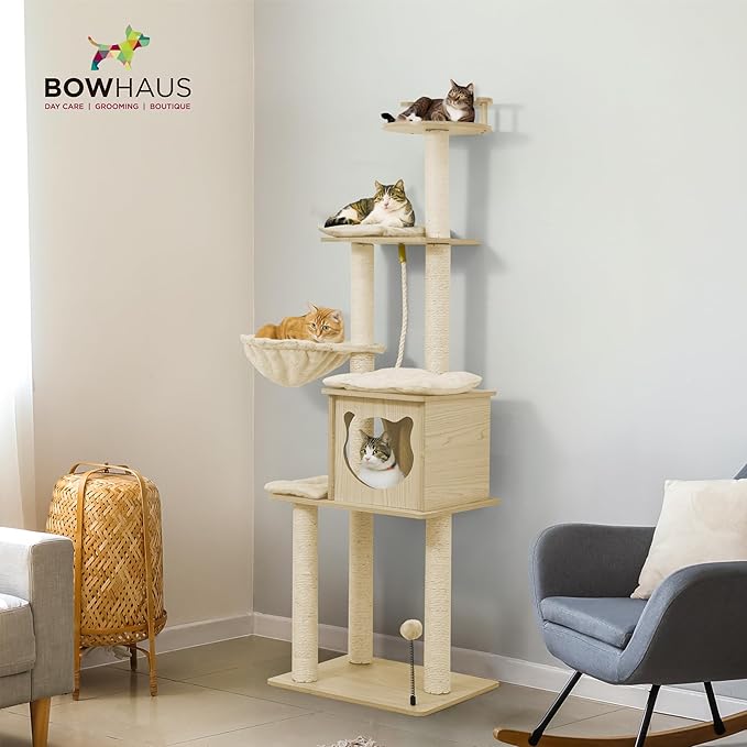 64” Wooden Cat Tree Tower for Indoor Large Cats & Kittens, Modern Tall Cat Climbing Tree w/Cave Condo, Scratching Posts, Hammock, Multi-Level Cat Tower w/Interactive Toy & Detachable Cushion
