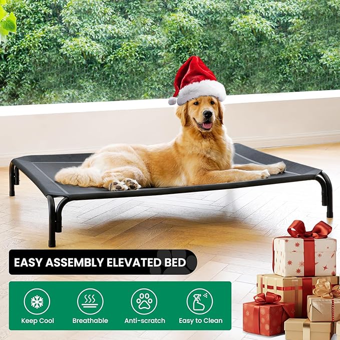 Elevated Dog Bed Raised Outdoor Dog Cot for Extra Large Dogs, Installation Requires No Tools, Frame with Washable Cooling Breathable Mesh Anti-Slip Feet, Indoor Pet Bed, Black, 48.8 Inches