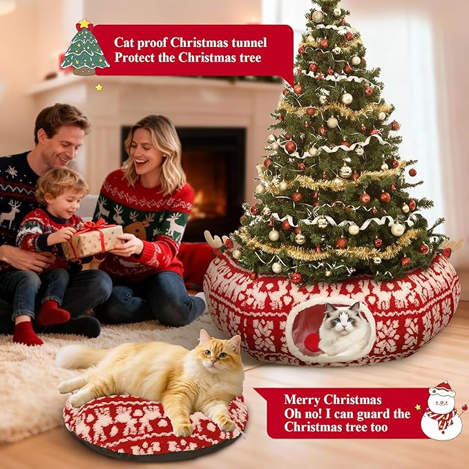 Cat Tunnel Christmas Tree Skirt, Cute Cat-Proof Tunnel Bed Under Christmas Tree with Washable Cushion, Soft Pet Donut Cave Decorative Tube Bed, Pet Toy Gifts Xmas Tree Protector from Cats