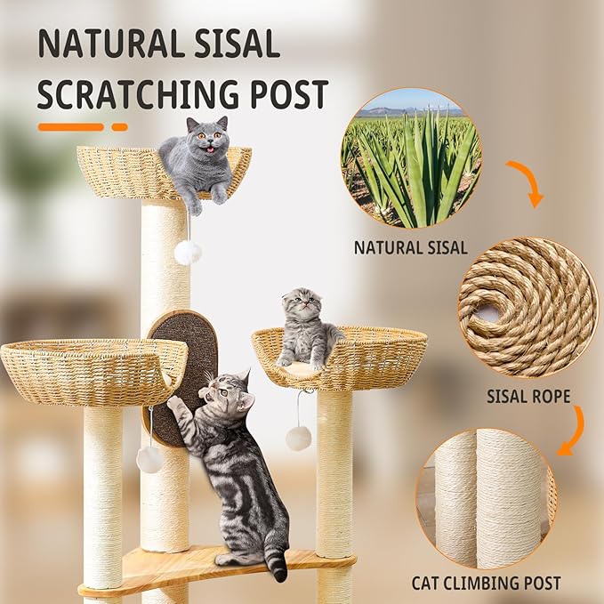 Large Cat Tree Wood - Modern Multi-Cat Tower with Scratching Posts & Handwoven Condo | Sturdy Cat Furniture for Indoor Cats, Modern Cat House Supplies