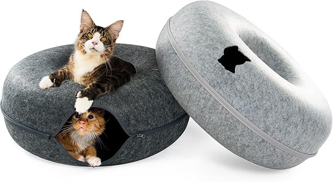 Cattasaurus Peekaboo Cat Cave Duo Jumbo Set, Extra Spacious Cat Donut for Multiple & Large Kitty 15+ lbs, Scratch Detachable Cat Beds for Indoor Cats, Washable Cat Tunnel Bed, Best Kitten Toys