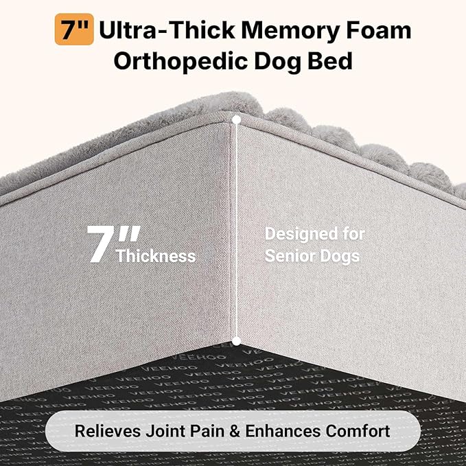 Veehoo Orthopedic Memory Foam Dog Bed, 7 Inch Thick Extra Large Dog Bed XL for Senior Dogs with Ultra-Soft Fluffy Surface, Waterproof Liner, Removable Washable Cover and Non-Slip Bottom, 48"x30"x7"