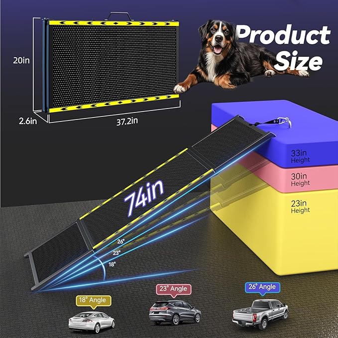 74'' L & 20'' W Longest Dog Ramp for Car - Extra Wide Portable Pet Dog Ramps for Large Dogs, Dogs Cars Ramp for Car SUV/Truck/RV/Bed, Lightweight Ramps with Non-Slip Mesh Up to 280LBS, Black