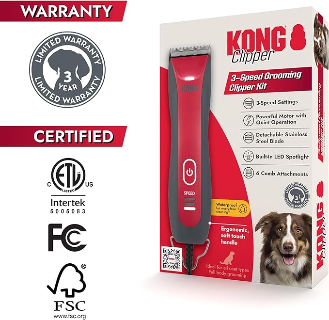 Kong 3-Speed Dog Clipper Grooming Kit – Stainless Steel Blade, Waterproof, LED Spotlight, 6 Guide Combs, 10-Foot Cord, Ergonomic Handle – Red/Gray, All Coat Types