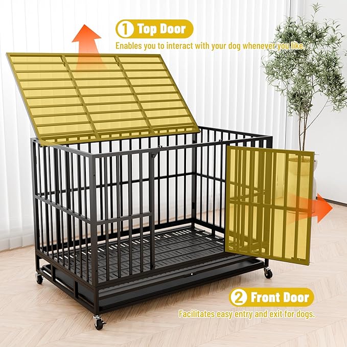 Escape-Proof Heavy Duty 48" Dog Crate, Indestructible Steel Kennel for Large & High-Anxiety Dogs with 300Lbs Capacity, Double Door Design with 4 Locking Wheels and Reinforced Baseplate.