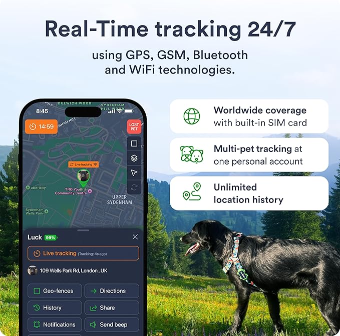 Dog GPS Tracker - Real-Time Location Tracking Device with App - Smart Alerts & Geo-Fence - Collar-Compatible, Waterproof - Long-Life Battery - 4G Built-in SIM - iOS & Android (Subscription Required)