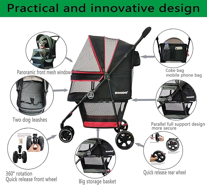 ROODO Escort 3 Wheel Dog Cat Pet Stroller for Small/Medium Dogs Cats Best Lightweight Foldable Portable Compact Jogger Travel All Terrain Pet Gear System Puppy Doggie Bunny Kitty Stroller(Black)