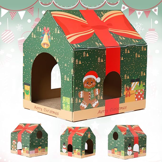 Cat Scratching House, Christmas Theme Scratcher Cardboard, Lounge Bed for Indoor Rest & Play, House Scratcher Pad (Green, 14.4 "L X 15" W X 11.8" H)