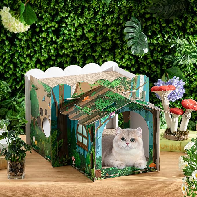 2 Story Cardboard Cat House with Scratcher Pad for Small Kitten,17x12x10 Multi Level Durable Cat Condo & Villa for Bunny Rabbit Small Animals Christmas Birthday Gift(Forest)