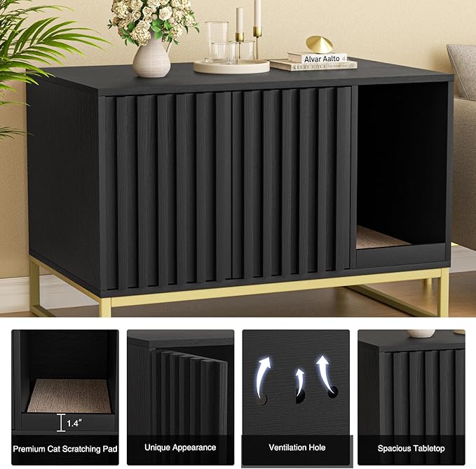 Litter Box Enclosure, Modern Cat Litter Box Furniture Hidden Litter Box with Scratch Pad, Cat Washroom House End Table, Entryway Bench for Livingroom (Black)