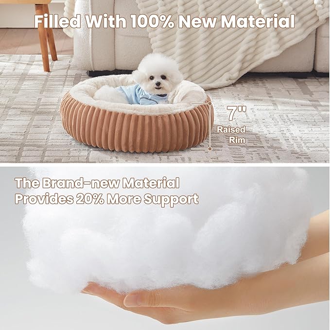 23 inches Donut Dog Bed for Small Dogs - Calming Round Puppy Bed with Removable Cover, Washable Milk Plush Faux Fur Pet Bed for Cats, Fits Pets up to 15 lbs(Brown,Small)