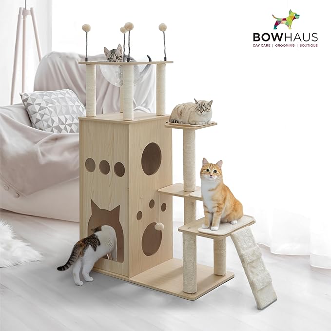 53” Wooden Cat Tree Tower for Indoor Large Cats & Kittens, Modern Tall Cat Climbing Tree w/Cave Condo, Scratching Posts, Space Capsule, Multi-Level Cat Tower w/Interactive Toy & Washable Pad
