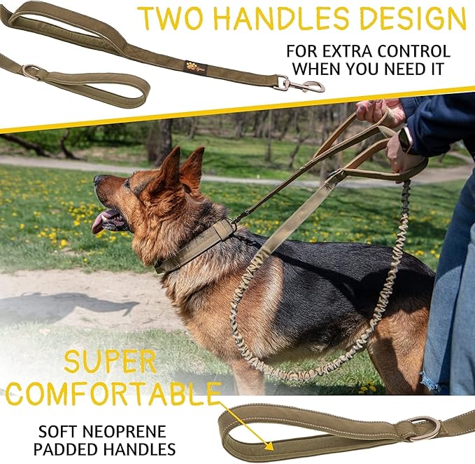 ADITYNA Tactical Bungee Dog Leash 6ft-7.5ft - Shock Absorbing Lead with 2 Padded Handles, Metal Clasp, Car Seatbelt - Heavy Duty No Pull for Medium, Large & XL Breeds