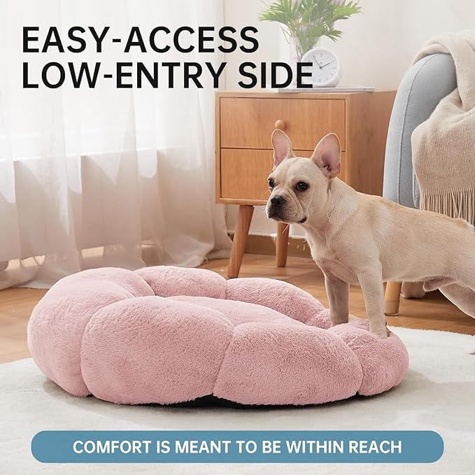 OhGeni 27 inches Calming Donut Dog & Cat Bed for Medium Pets, Warming Comfort Fluffy Short Pile Fur, Durable Machine Washable Round Bed, Cute Round Bed for Puppy and Kitten, Pink