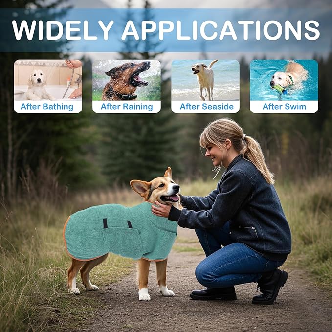 VINGVO Dog Bath Towels Wrap for Drying Dogs, Super Absorbent Pet Bath Robe, Adjustable Collar & Microfiber Pet Dog Bath Robe, Fast Drying for Dogs at Home and Outdoors (Green, XL)