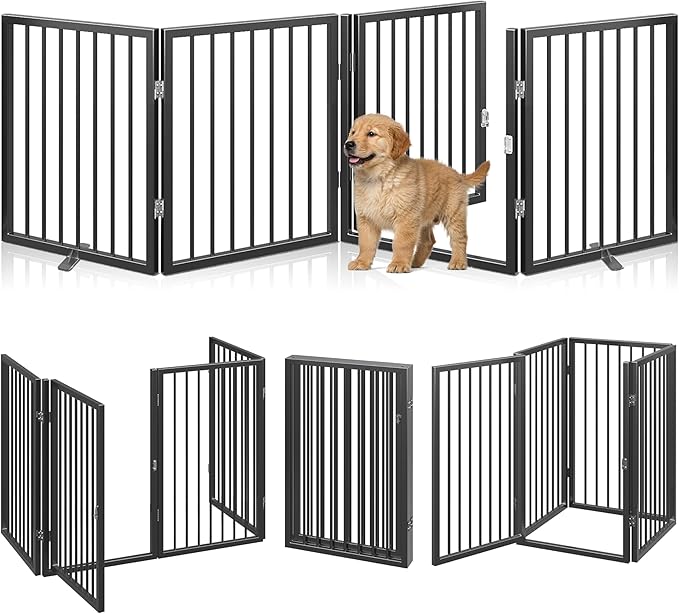 Vantas Folding No-Assembly Metal Pet Gate 80" Wide, 24" Extra Tall Dog Gate with Door Walk Through, Freestanding Accordion Puppy Gate Dog Door for Indoor & Outdoor, with 2PCS Support - Black