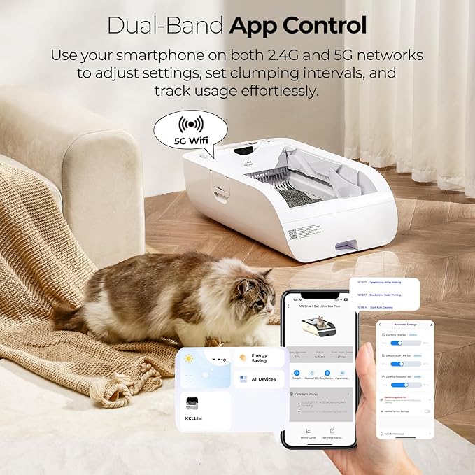 Self Cleaning Litter Box,Open-Top Automatic Cat Litter Box APP Control (2.4G/5G) with Health Tracking, Dual Safety Sensors&Odorless Design,Includes cat Litter & 3 Rolls Waste Bags(NO Tent)
