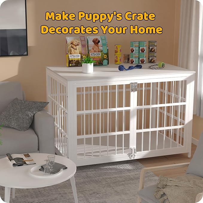 Heave Duty Dog Crate Furniture, Various Sizes & Colors Optional, Indestructible Cage for High Anxiety Dogs with Wooden Table for Indoor Decorative, Escape-Proof Locks & Double Door for Large XXL Dogs