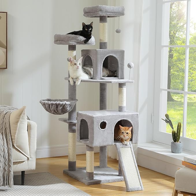 64-Inch Large Cat Tree for Indoor Cats, Multi-Level Tall Cat Tower with 2 Soft Top Perches, 2 Caves, 5 Sisal Scratching Posts, 2-in-1 Scratching Ramp, 1 Hammock & 3 Pompoms, Grey