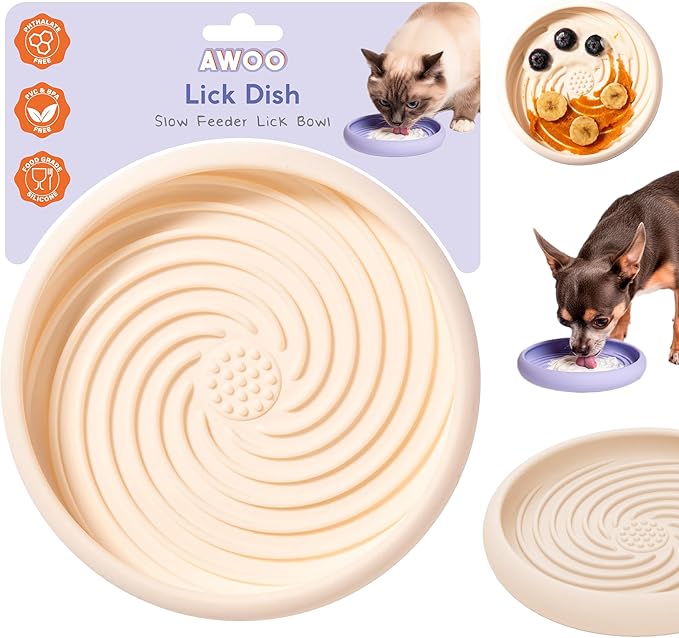 Awoo Lick Dish Silicone Dog & Cat Lick Mat & Slow Feeder with Suction Cups, Non-Slip, Dishwasher Safe, Extend Mealtime, Reduce Anxiety (Cream)
