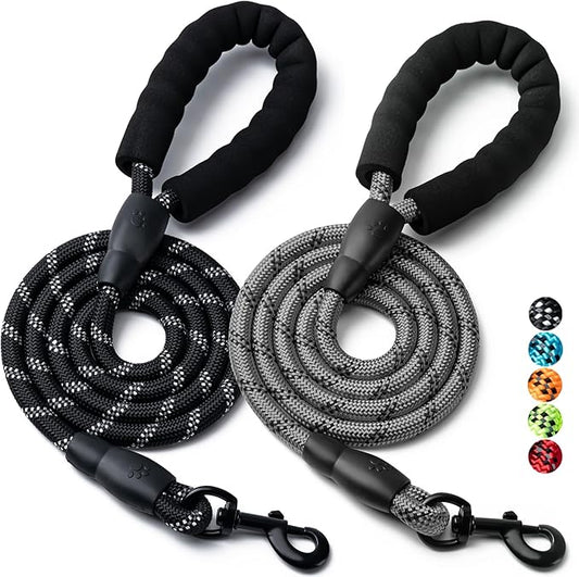 2 Pack Dog Leash, 4/5//6 FT Heavy Duty Nylon Rope Pet Leashes with Comfortable Padded Handle, Reflective Dog Leashes for Small Medium and Large Dogs (5FT-1/2,Black/Grey)