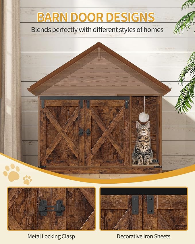 Cat Litter Box Enclosure, Hidden Litter Box Cabinet Furniture with Bell, Indoor Cats House, Farmhouse Style, 39.4 x 21.7X 24.8 Inches for Hallway, Bedroom, Rustic and Black CB85201X