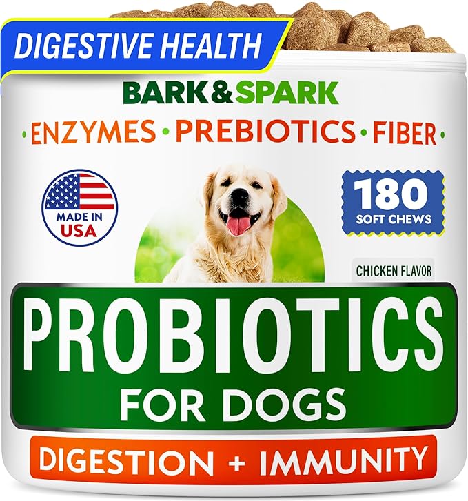 BARK&SPARK Dog Probiotics for Digestive Health w/Enzymes & Fiber - Diarrhea Gas Treatment Upset Stomach Relief - Allergy & Itchy Skin - Pet Probiotics for Dogs - (180Ct, Chicken)