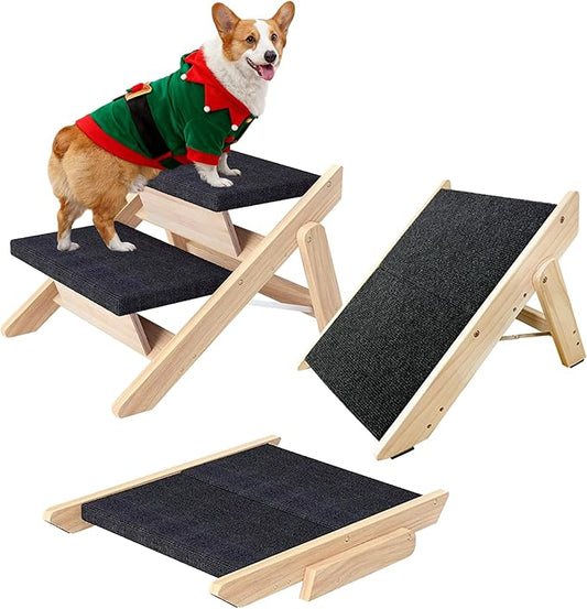 Dog Stairs/Ramp for Bed, Wooden Convertible Pet Steps, Portable Dog Ladder Up to 180 Pound for Elderly/Short-Legged Dogs, 2 Steps for Beds, Couch, Cars