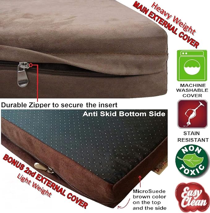 Dogbed4less Orthopedic Memory Foam Dog Bed with Brown Suede Cover, Waterproof Liner and Extra Replacement Pet Bed Case, Fit 42"X28" Large Crate