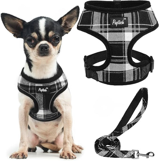 PUPTECK Soft Mesh Dog Harness and Leash Set Pet Puppy Cat Comfort Padded Vest No Pull Harnesses, Black, XS