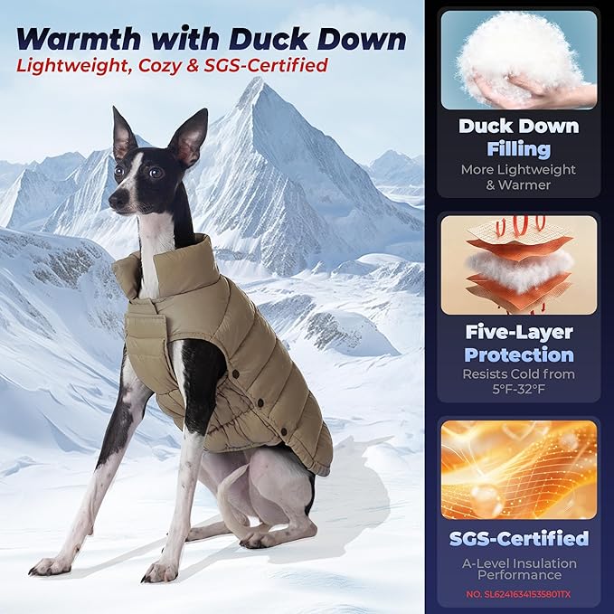 SPACE LION Dog Puffer Jacket, Down Winter Coat, Durable Outdoor Coat for Cold and Windy Conditions, Lightweight & Adjustable Fit Coats for Small Dogs, (Khaki, Size10/S)