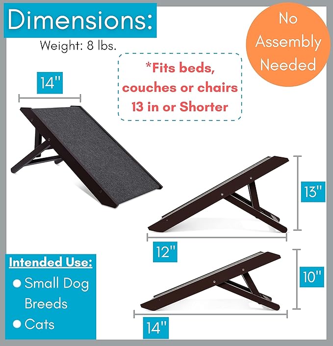 BIRDROCK Home Adjustable Pet Ramp for Small Dogs, Cats, Puppies - Foldable Wooden Dog Ramp for Couch, Bed, Car - Indoor or Outdoor- Safe, Portable, Non-Slip Carpet - 13", Espresso