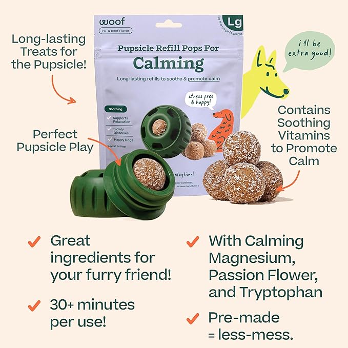 WOOF Pupsicle Calming Starter Kit - Pupsicle and Calming Pops Bundle - Long-Lasting Interactive Dog Toy - 10 Refills with Thiamine, Tryptophan, Passion Flower for Medium and Large Dogs 25-75 lbs