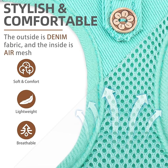 PUPTECK Dog Harness and Leash Set for Small Medium Dogs No Pull Step-in Soft Mesh Puppy Cat Vest Harnesses Reflective at Night, Denim Green L