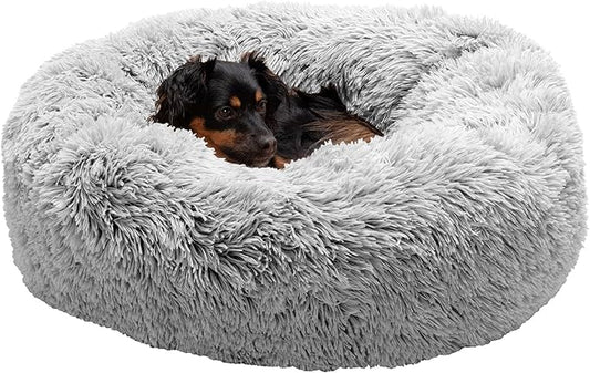Furhaven 30" Round Calming Donut Dog Bed for Medium/Small Dogs, Refillable w/ Removable Washable Cover, Up to 45 lbs - Shaggy Plush Long Faux Fur Donut Bed -Mist Gray, Medium,30.0"L x 30.0"W x 10.0"Th