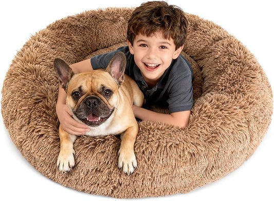 Orthopedic Dog Bed for Large Dogs Waterproof Donut Calming Memory Foam with Cooling Gel Removable Cover Anti Anxiety Pet Bed Machine Washable,Extra Comfort Plush Round Cushion 36 Inch,Camel