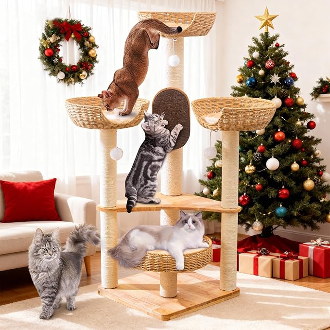 Large Cat Tree Wood - Modern Multi-Cat Tower with Scratching Posts & Handwoven Condo | Sturdy Cat Furniture for Indoor Cats, Modern Cat House Supplies