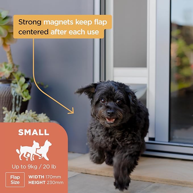 Hakuna Pets V2 Patio Pet Door Screen Insert Panel for Sliding Doors, Fits Door Track Min Ht 55.12" to Max Ht 84.25", UV Resistant Mesh, Locking Magnetic Dog Door, Easy Install and Removal,Small,Silver