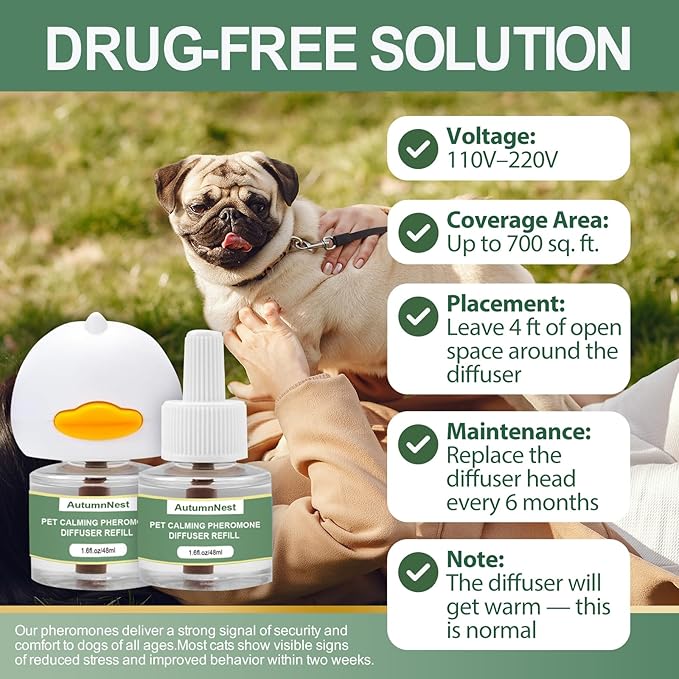 4-Pack Dog Calming Diffuser Kit (1 Diffuser + 3 Refills), Plug-in Pheromone Calming Diffuser for Dog, 90-Day Supply, Covers 700 sq ft, Safe & Odorless Stress Relief Solution, Promotes Relaxed Behavior