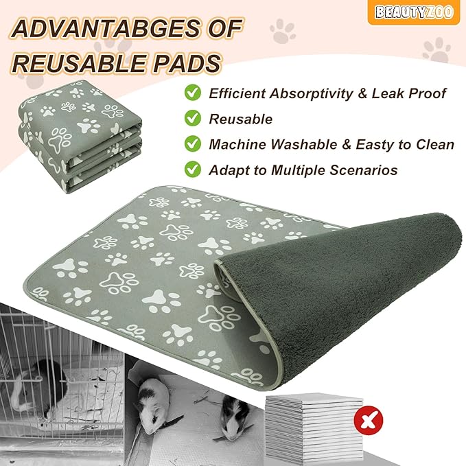 BEAUTYZOO 4 Pack Guinea Pig Cage Liners, Washable Reversible Fleece Guinea Pig Bedding, Waterproof Super Absorbent Pee Pads for Small Animals Rabbit Hamster Bunny - 12"x12" Grey