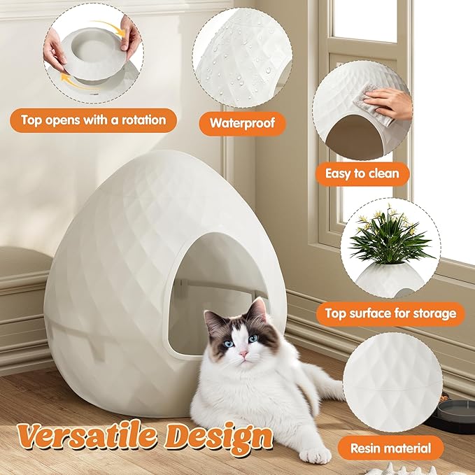 Egg-Shaped Hidden Cat Litter Box Enclosure, Secret Small Plant Litter Box Furniture with Two Interchangeable Top, Easy Assembly, for Living Room Corner White