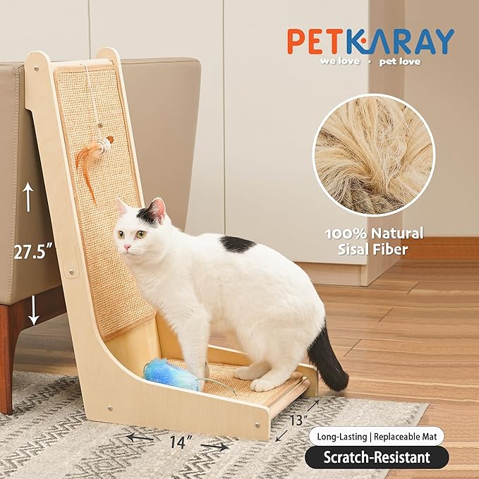 PETKARAY 105° Cat Scratcher, Sisal Kitty Scratch Pad, L Shape Scratching Board for Indoor Cats, Floor Mounted Scratcher with Mouse Toy Catnip